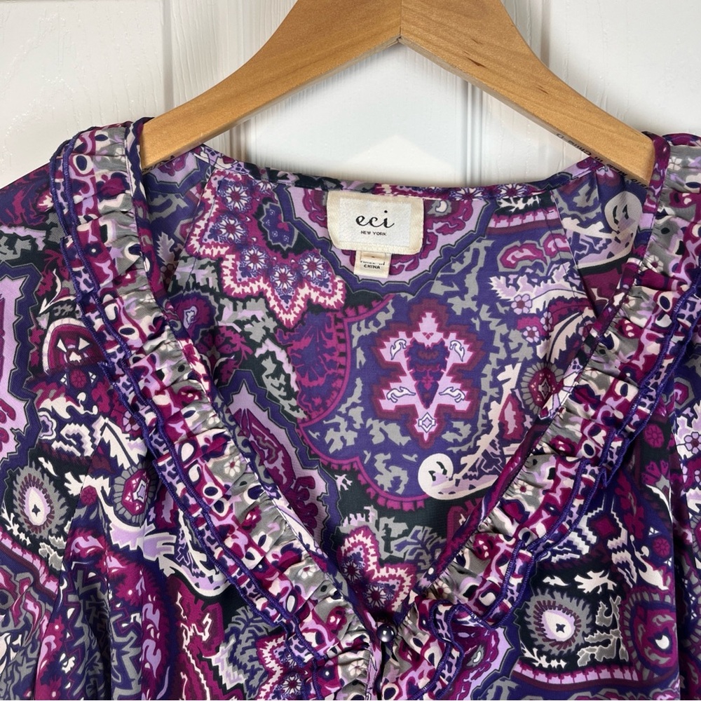 eci New York Multi Purple & Gray Blouse Elastic Waist Hem Ruffles Women’s Size 8 - Picture 2 of 14